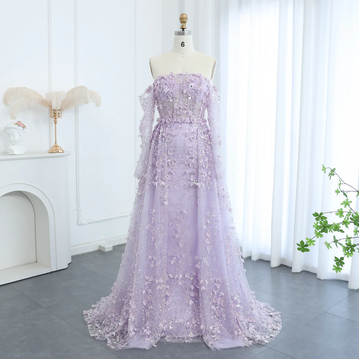 Elegant Long 3D Flowers Pink Off-the-shoulder Long Sleeves Evening Dress with Overskirt