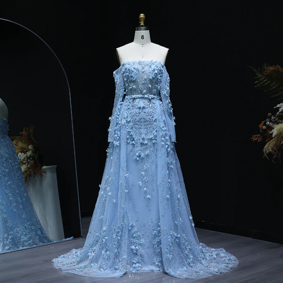 Elegant Long 3D Flowers Pink Off-the-shoulder Long Sleeves Evening Dress with Overskirt