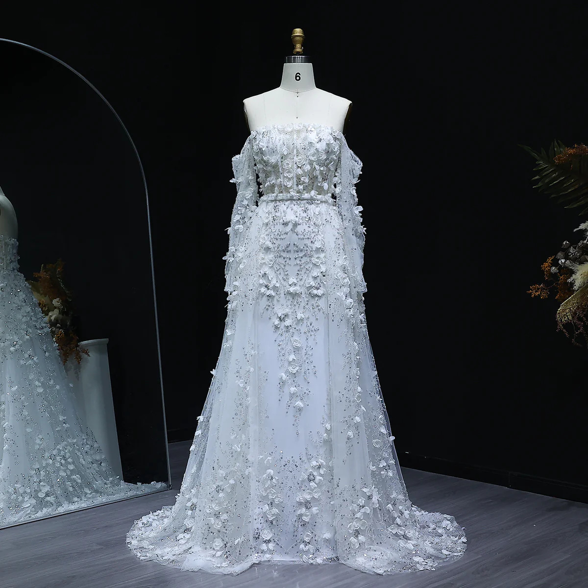 Elegant Long 3D Flowers Pink Off-the-shoulder Long Sleeves Evening Dress with Overskirt
