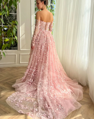 Elegant Long 3D Flowers Pink Off-the-shoulder Long Sleeves Evening Dress with Overskirt