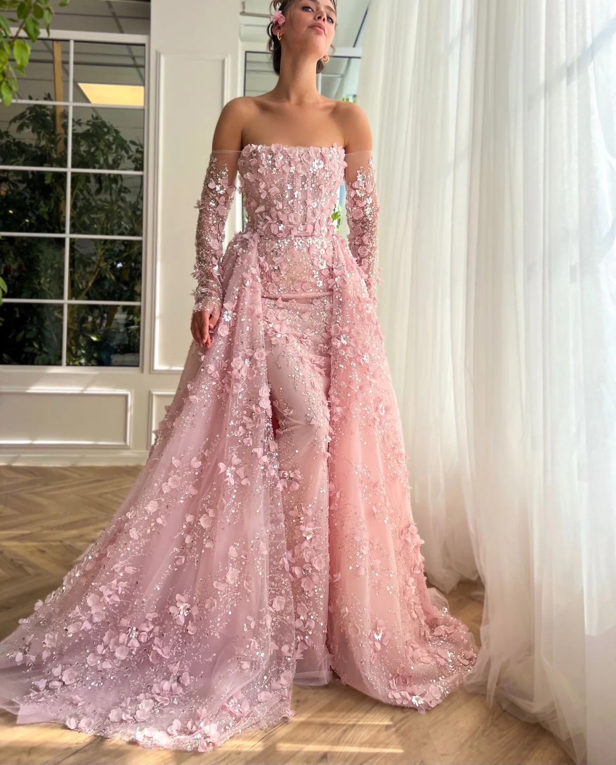 Elegant Long 3D Flowers Pink Off-the-shoulder Long Sleeves Evening Dress with Overskirt