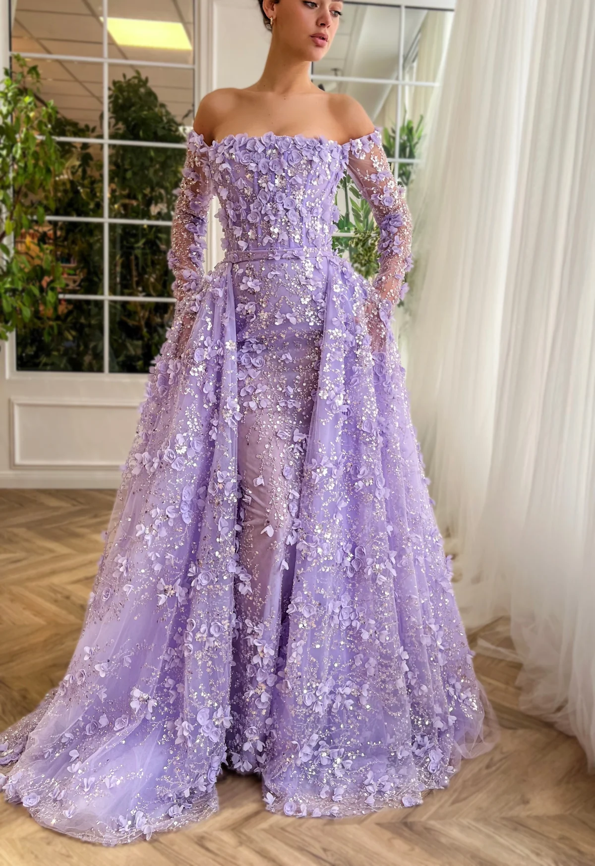 Elegant Long 3D Flowers Pink Off-the-shoulder Long Sleeves Evening Dress with Overskirt