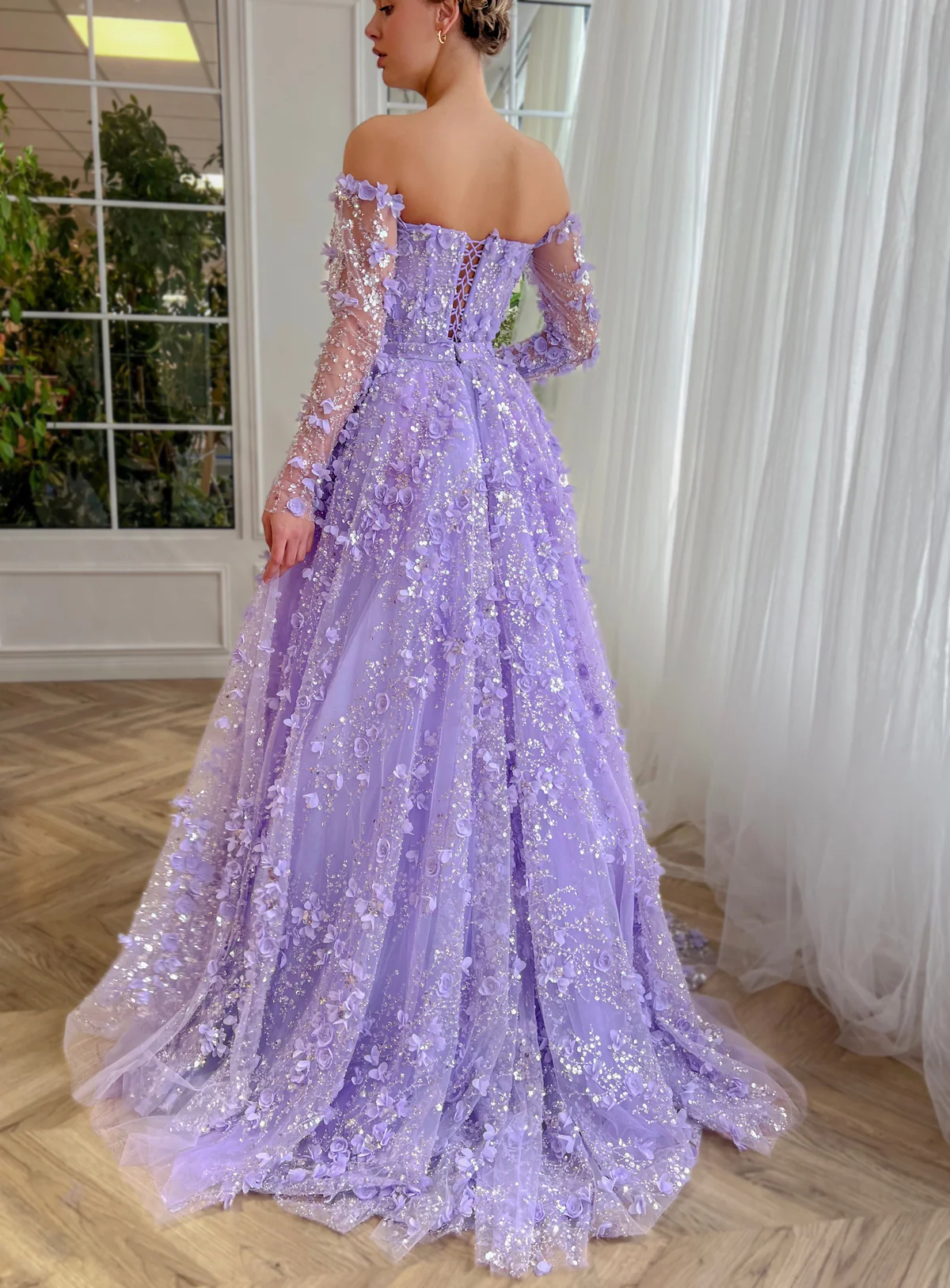 Elegant Long 3D Flowers Pink Off-the-shoulder Long Sleeves Evening Dress with Overskirt