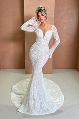 Elegant Long Mermaid White Long Sleeves Wedding Dresses with Lace