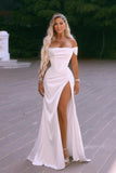 Elegant Split Front Off-The-Shoulder Stain Short Sleeves Floor-Length Prom Dresses with Ruffles