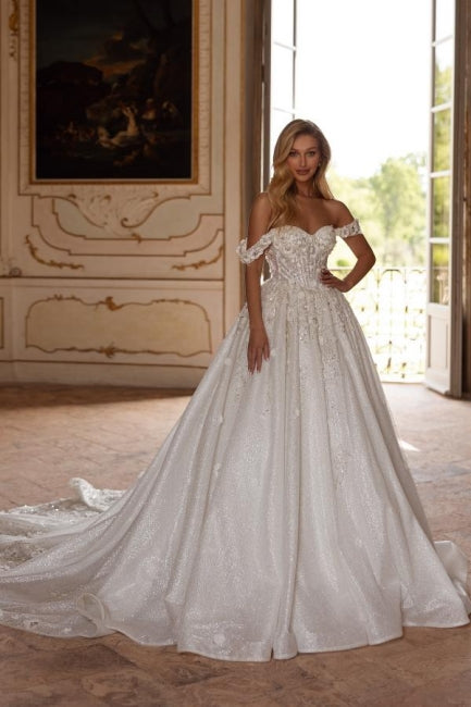 Elegant Sweetheart Off-the-shoulder Sequined Lace Ball Gown Wedding Dress With Rhinestone And Handmake Flowers