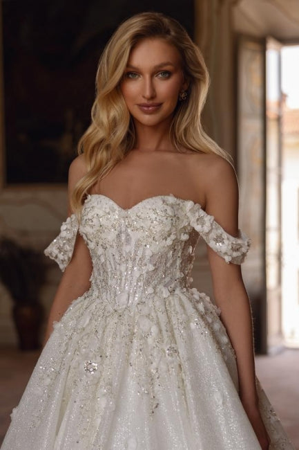 Elegant Sweetheart Off-the-shoulder Sequined Lace Ball Gown Wedding Dress With Rhinestone And Handmake Flowers