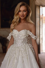 Elegant Sweetheart Off-the-shoulder Sequined Lace Ball Gown Wedding Dress With Rhinestone And Handmake Flowers