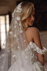 Elegant Sweetheart Off-the-shoulder Sequined Lace Ball Gown Wedding Dress With Rhinestone And Handmake Flowers