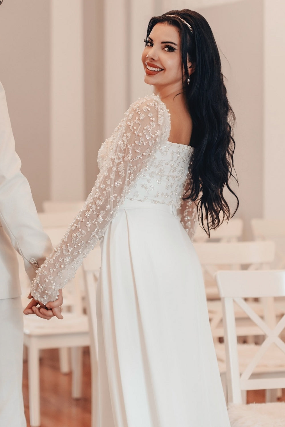 Elegant White A-Line Square Beaded Long Sleeves Ruffles Panel Train Satin Wedding Dresses