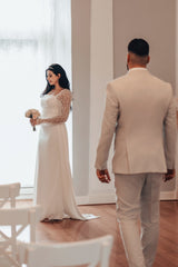 Elegant White A-Line Square Beaded Long Sleeves Ruffles Panel Train Satin Wedding Dresses