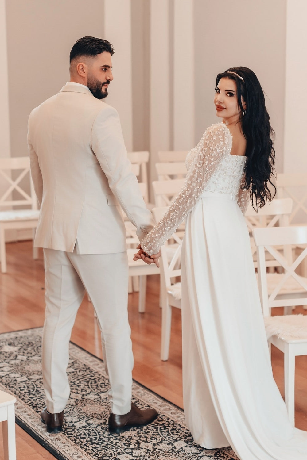 Elegant White A-Line Square Beaded Long Sleeves Ruffles Panel Train Satin Wedding Dresses