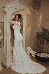 Elegant White Mermaid Portrait Sweetheart Long Sleeve Lace Wedding Dressv
