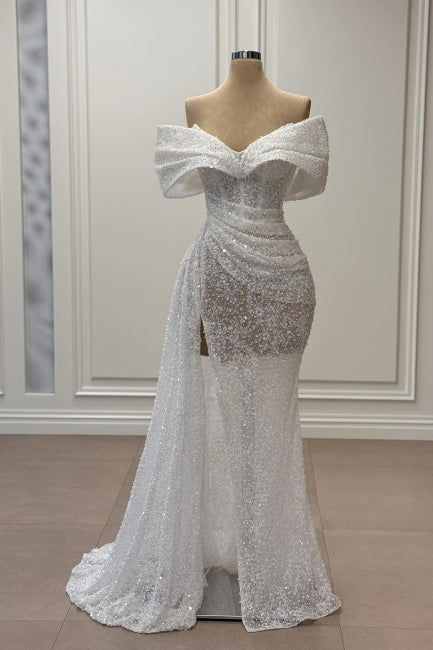 Elegant White Mermaid Strapless Sequined Off-The-Shoulder Ruffle Sleeveless Long Tulle Evening Dresses With Slit