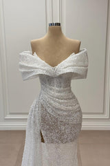Elegant White Mermaid Strapless Sequined Off-The-Shoulder Ruffle Sleeveless Long Tulle Evening Dresses With Slit