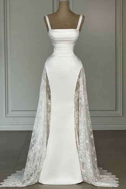 Elegant White Spaghetti Strap A-Line Sleeveless Satin Lace Floor-Length Simple Evening Dresses