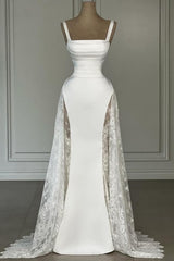 Elegant White Spaghetti Strap A-Line Sleeveless Satin Lace Floor-Length Simple Evening Dresses