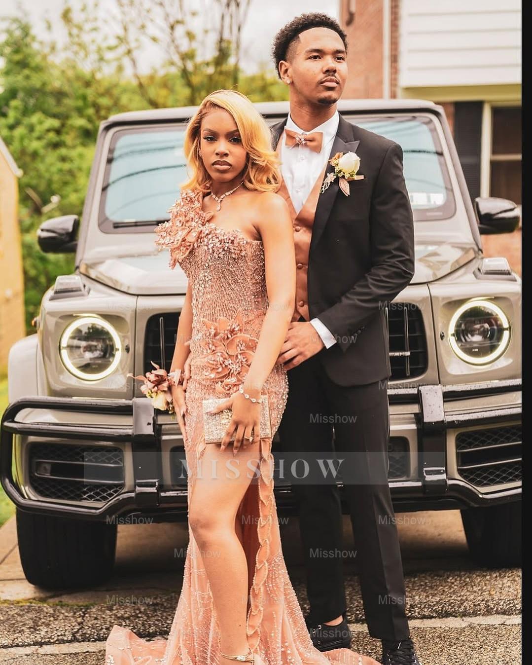 Embellished Long Pearl Pink One Shoulder Sleeveless Mermaid Beaded Prom Dress with Slit and 3D Flowers