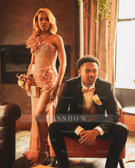 Embellished Long Pearl Pink One Shoulder Sleeveless Mermaid Beaded Prom Dress with Slit and 3D Flowers