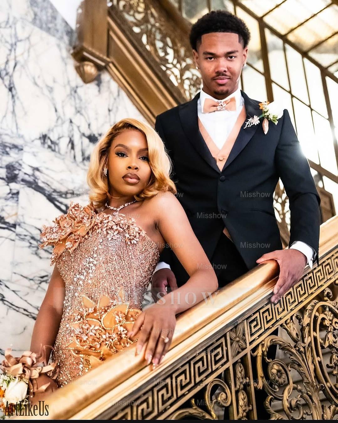 Embellished Long Pearl Pink One Shoulder Sleeveless Mermaid Beaded Prom Dress with Slit and 3D Flowers