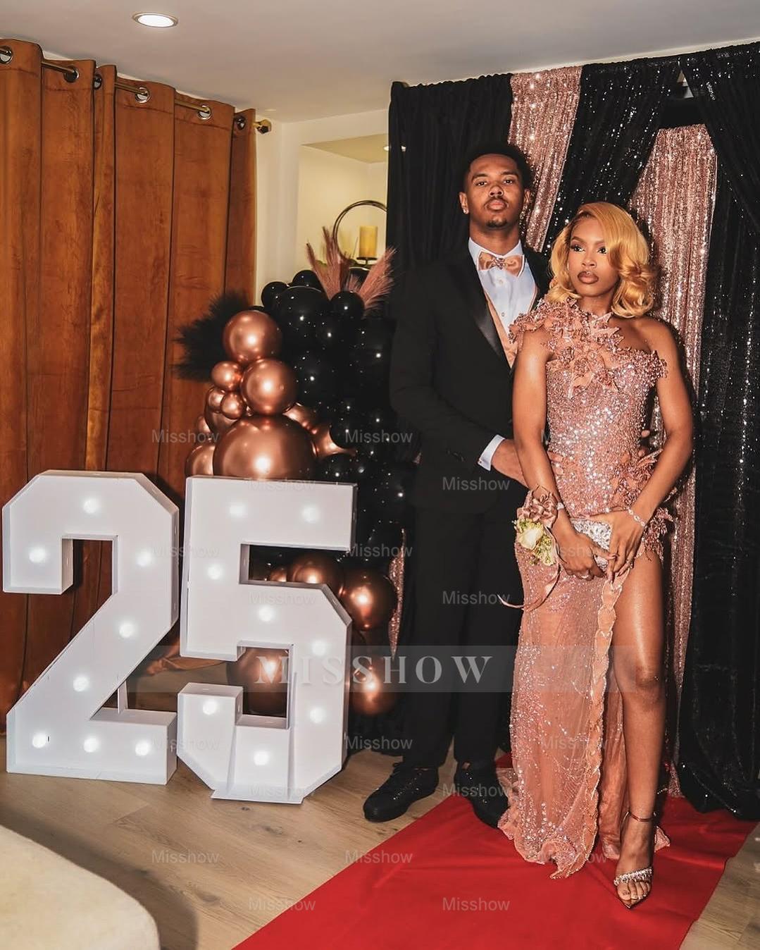 Embellished Long Pearl Pink One Shoulder Sleeveless Mermaid Beaded Prom Dress with Slit and 3D Flowers