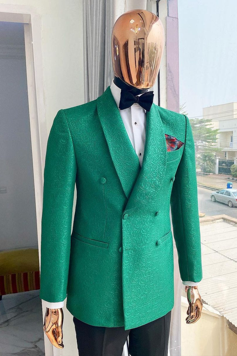 Emerald Green Double Breasted Shawl Lapel Floral Pattern Jacquard Tuxedo Suit