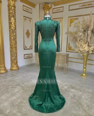 Emerald Green High Neck Long Sleeve Beaded Mermaid Satin Floor Length Formal Evening Gown
