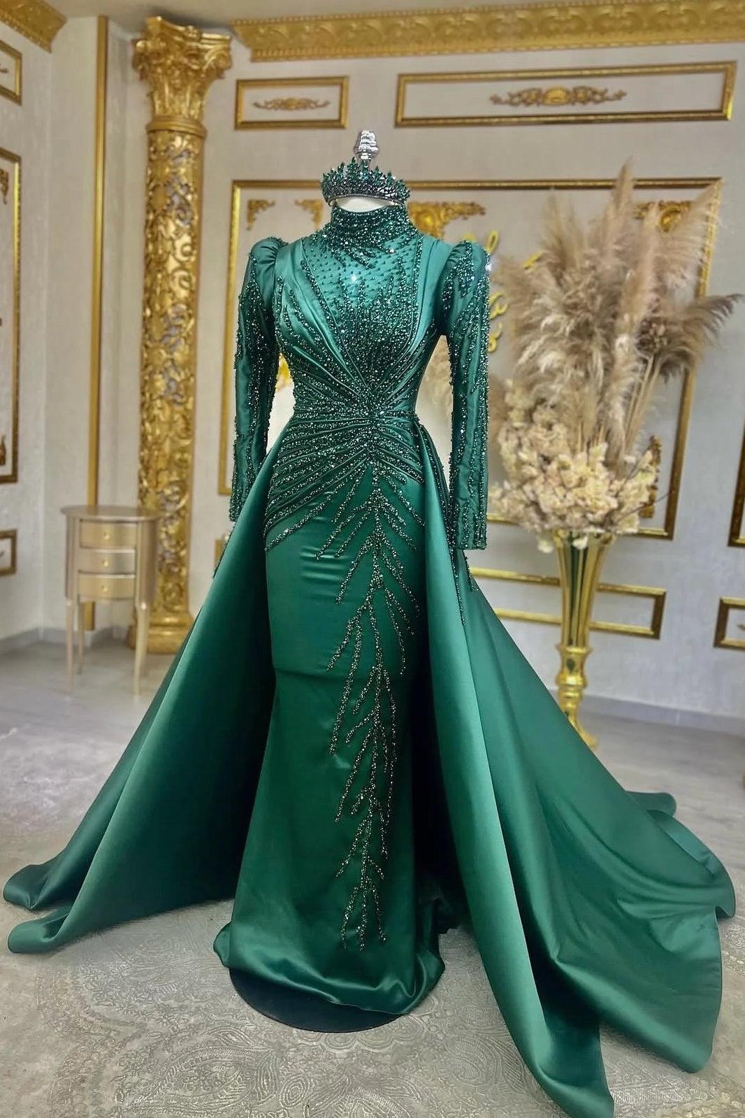 Emerald Green High Neck Long Sleeve Beaded Mermaid Satin Floor Length Formal Evening Gown
