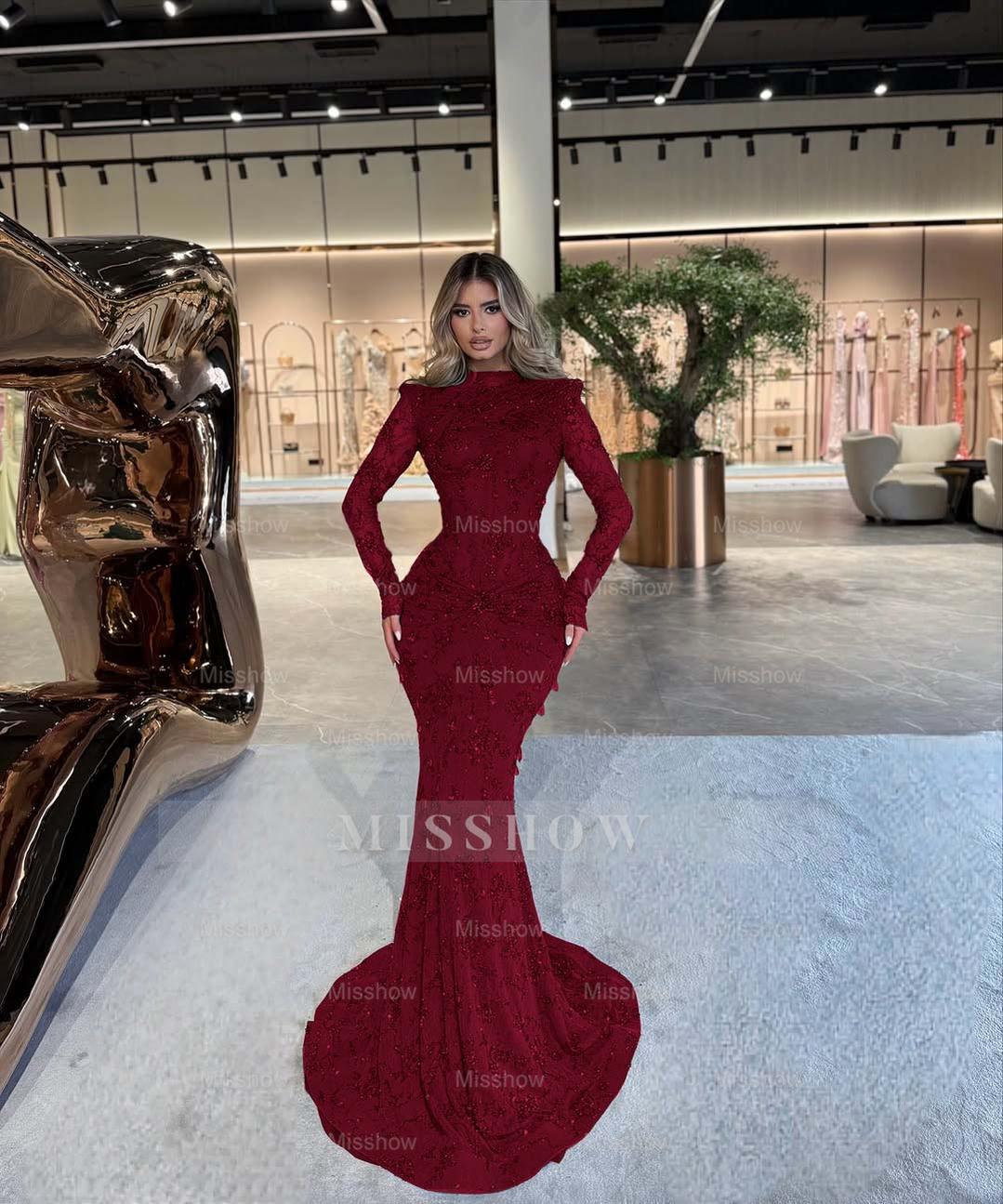 Emerald Green High Neck Long Sleeve Mermaid Lace Beaded Floor Length Formal Evening Gown