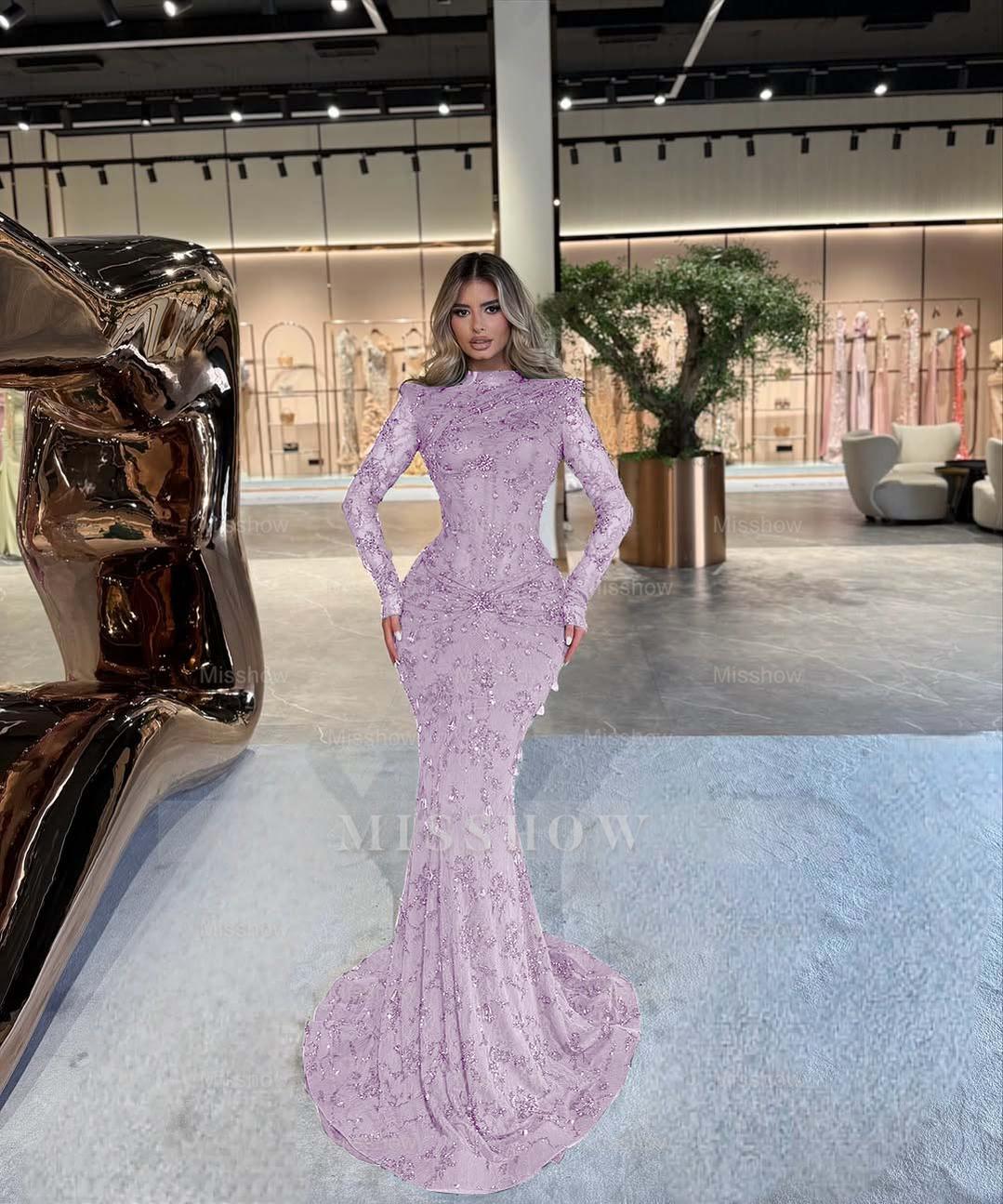 Emerald Green High Neck Long Sleeve Mermaid Lace Beaded Floor Length Formal Evening Gown