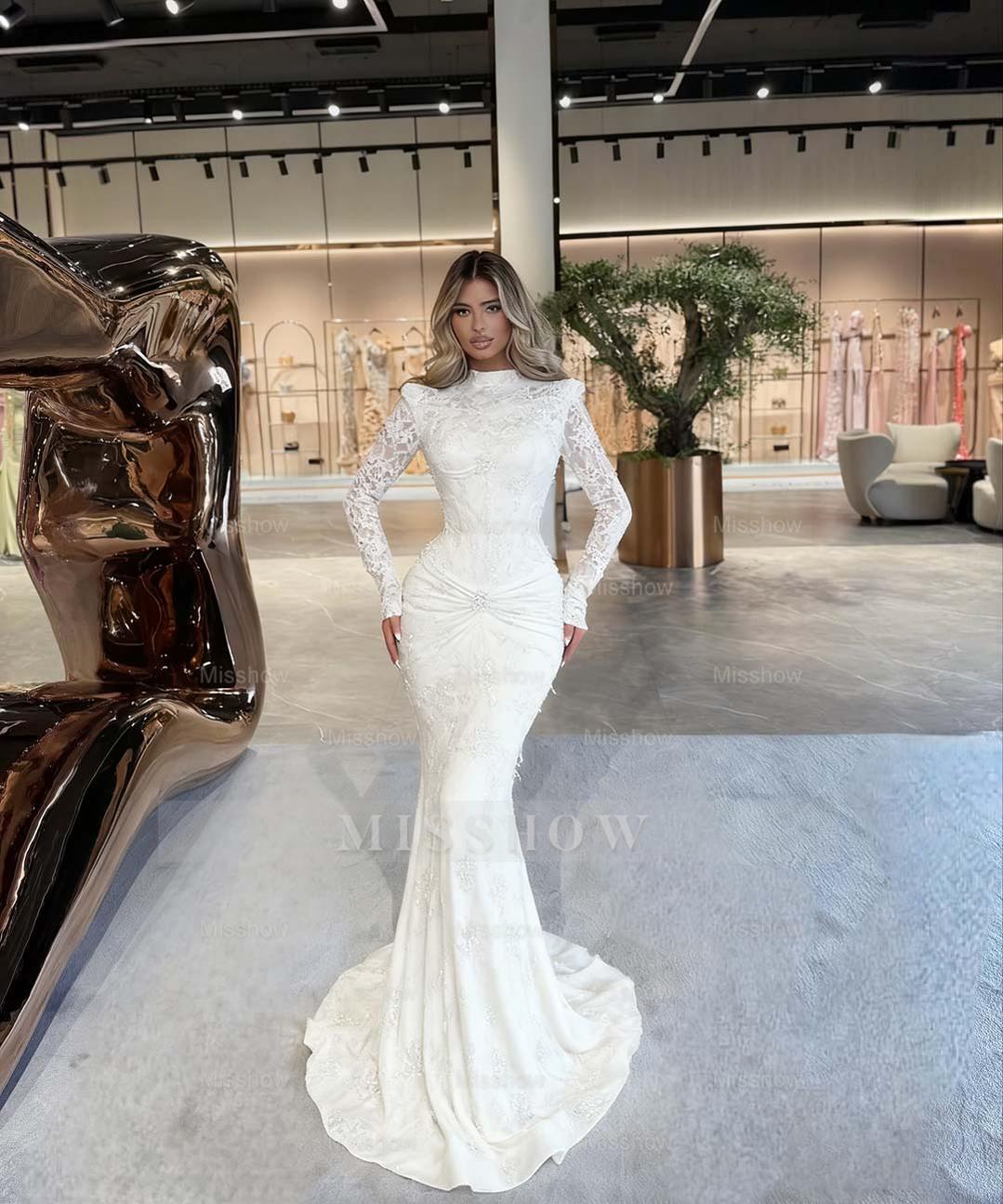 Emerald Green High Neck Long Sleeve Mermaid Lace Beaded Floor Length Formal Evening Gown