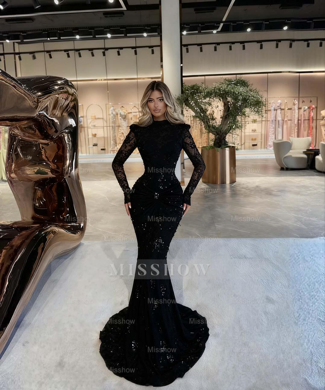 Emerald Green High Neck Long Sleeve Mermaid Lace Beaded Floor Length Formal Evening Gown