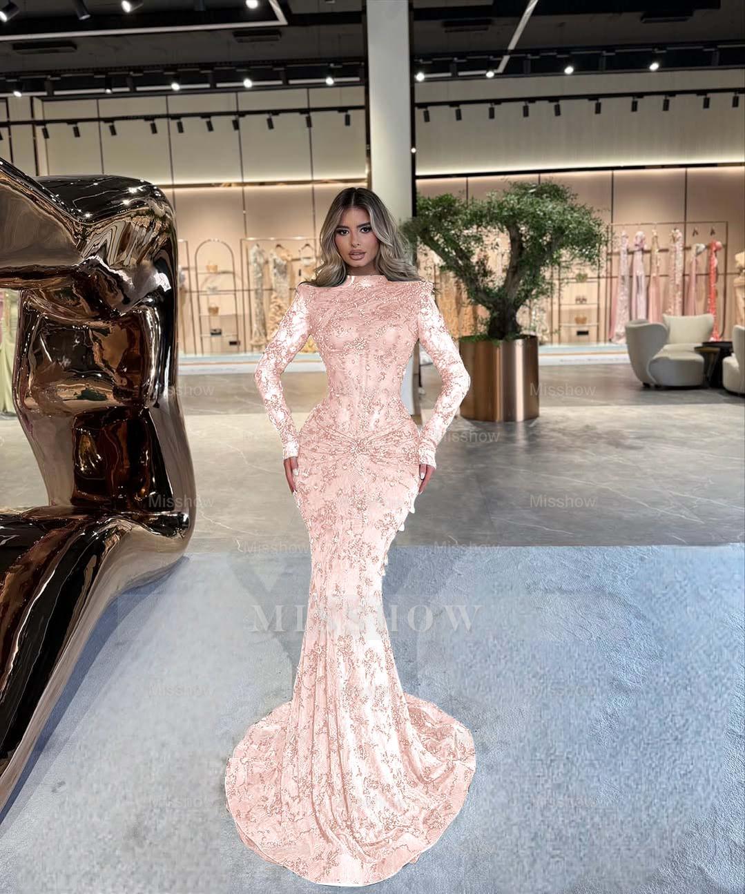 Emerald Green High Neck Long Sleeve Mermaid Lace Beaded Floor Length Formal Evening Gown