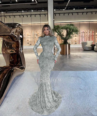 Emerald Green High Neck Long Sleeve Mermaid Lace Beaded Floor Length Formal Evening Gown