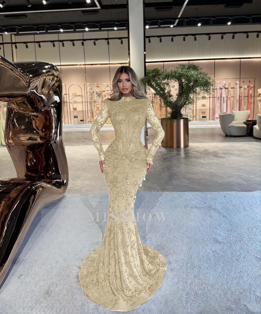 Emerald Green High Neck Long Sleeve Mermaid Lace Beaded Floor Length Formal Evening Gown