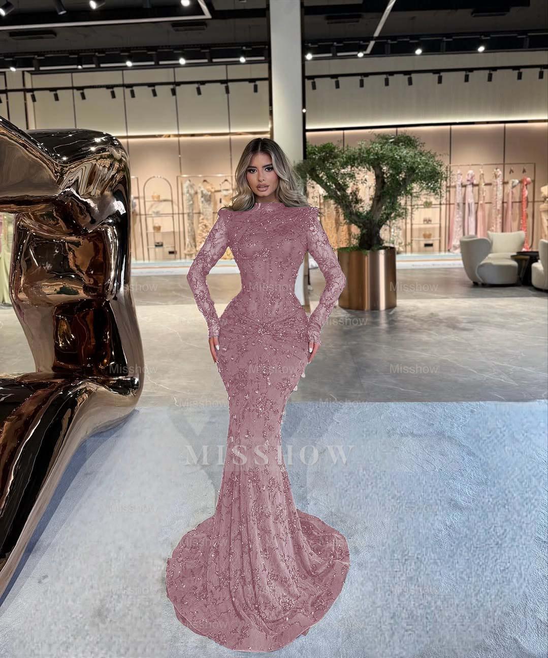 Emerald Green High Neck Long Sleeve Mermaid Lace Beaded Floor Length Formal Evening Gown