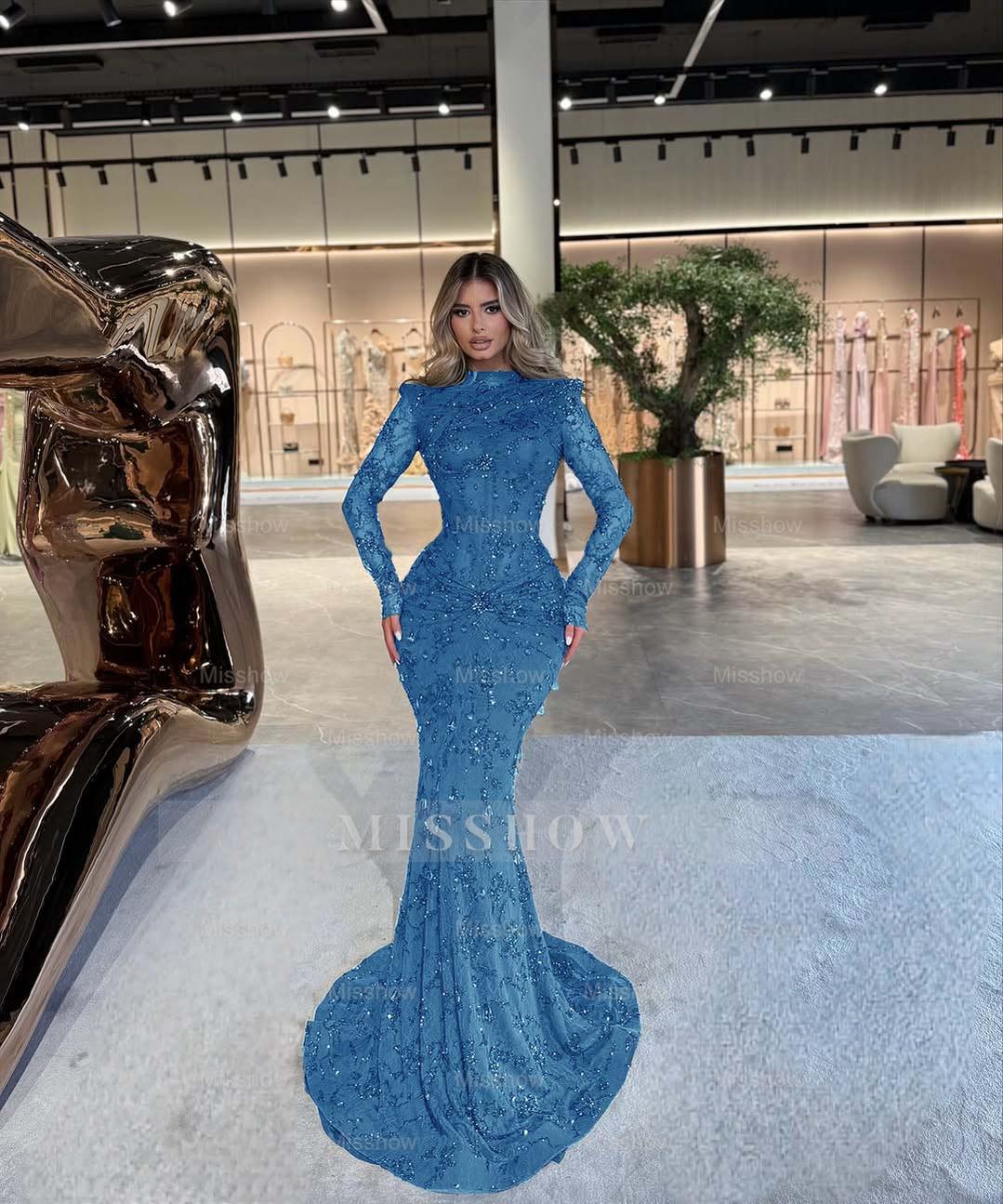 Emerald Green High Neck Long Sleeve Mermaid Lace Beaded Floor Length Formal Evening Gown