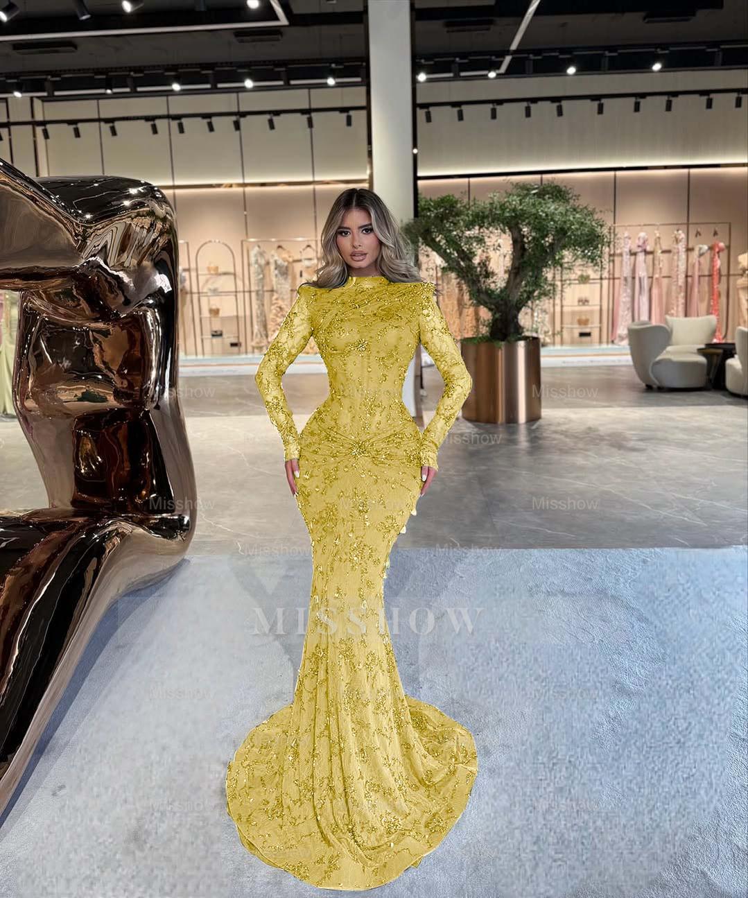 Emerald Green High Neck Long Sleeve Mermaid Lace Beaded Floor Length Formal Evening Gown