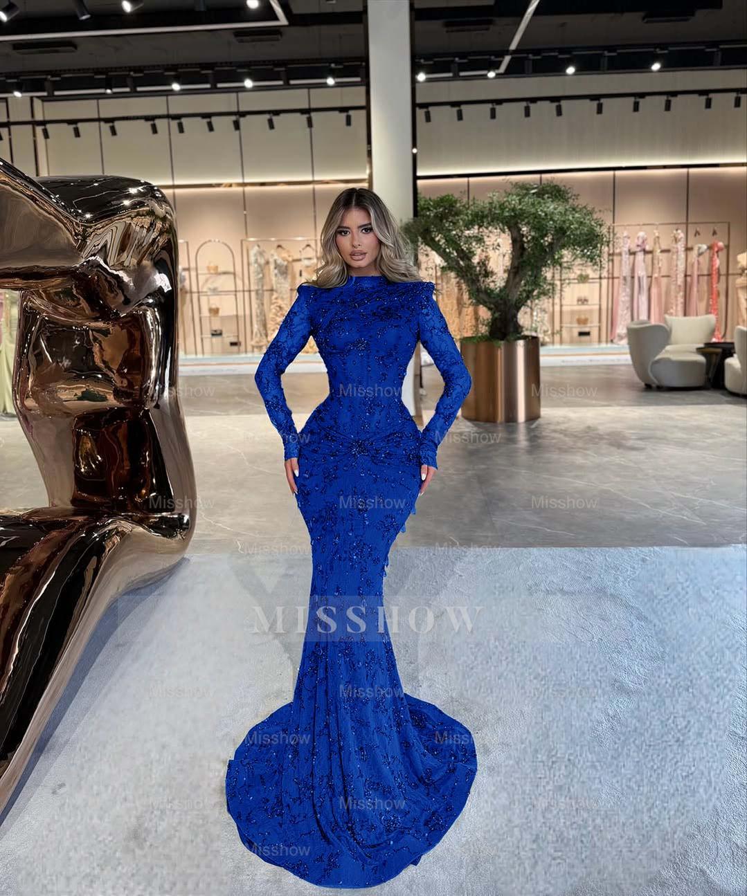 Emerald Green High Neck Long Sleeve Mermaid Lace Beaded Floor Length Formal Evening Gown