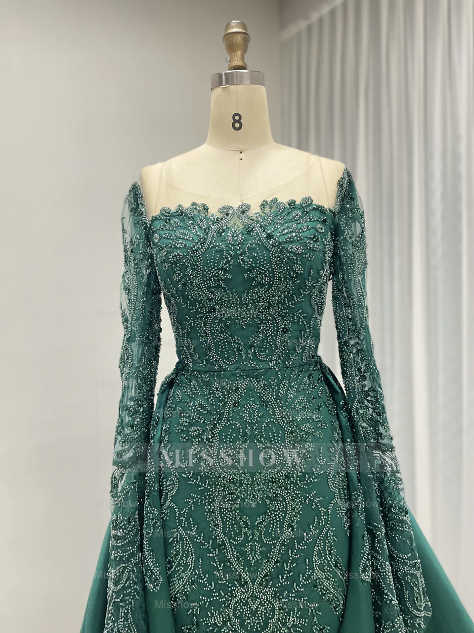 Emerald Green Long Sleeve Beaded Evening Dress with Dramatic Overskirt Emerald Green Long Sleeve Beaded Evening Dress with Dramatic Overskirt