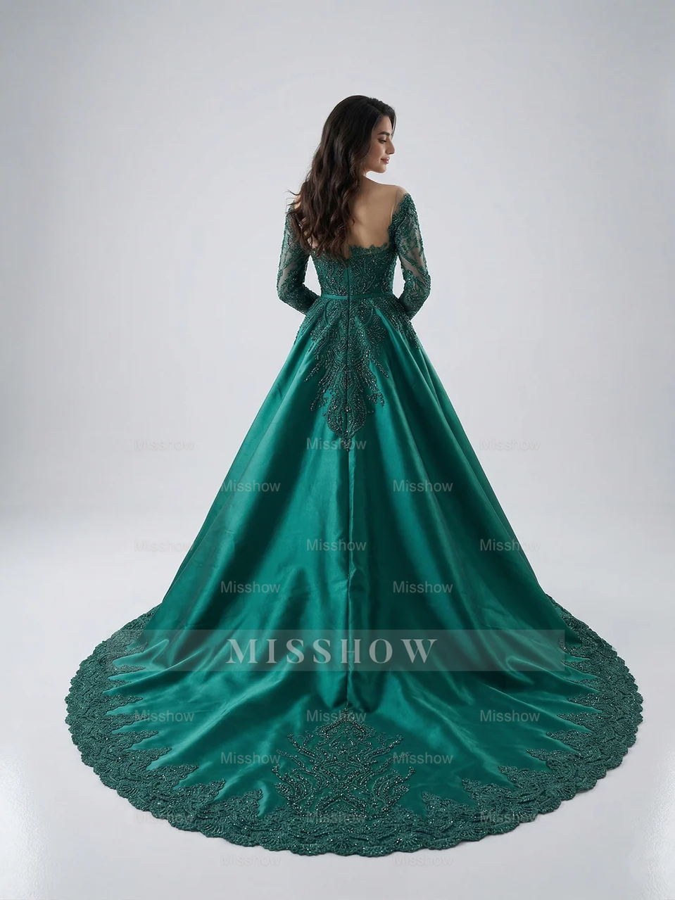 Emerald Green Long Sleeve Beaded Evening Dress with Dramatic Overskirt misshow.com Emerald Green Long Sleeve Beaded Evening Dress with Dramatic Overskirt misshow.com