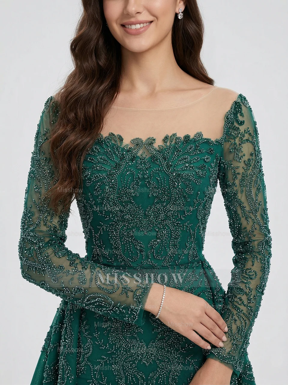 fitted lace wedding dress Emerald Green Long Sleeve Beaded Evening Dress with Dramatic Overskirt misshow.com fitted lace wedding dress Emerald Green Long Sleeve Beaded Evening Dress with Dramatic Overskirt misshow.com