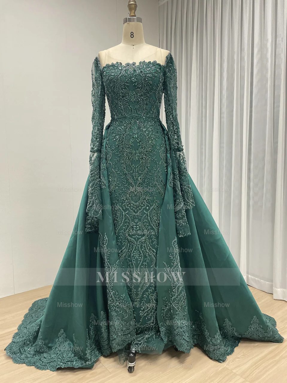 Emerald Green Long Sleeve Beaded Evening Dress with Dramatic Overskirt