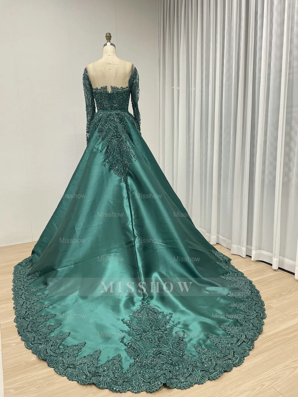 Emerald Green Long Sleeve Beaded Evening Dress with Dramatic Overskirt misshow.com Emerald Green Long Sleeve Beaded Evening Dress with Dramatic Overskirt misshow.com