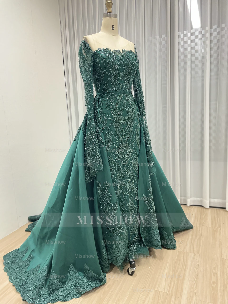 Emerald Green Long Sleeve Beaded Evening Dress with Dramatic Overskirt