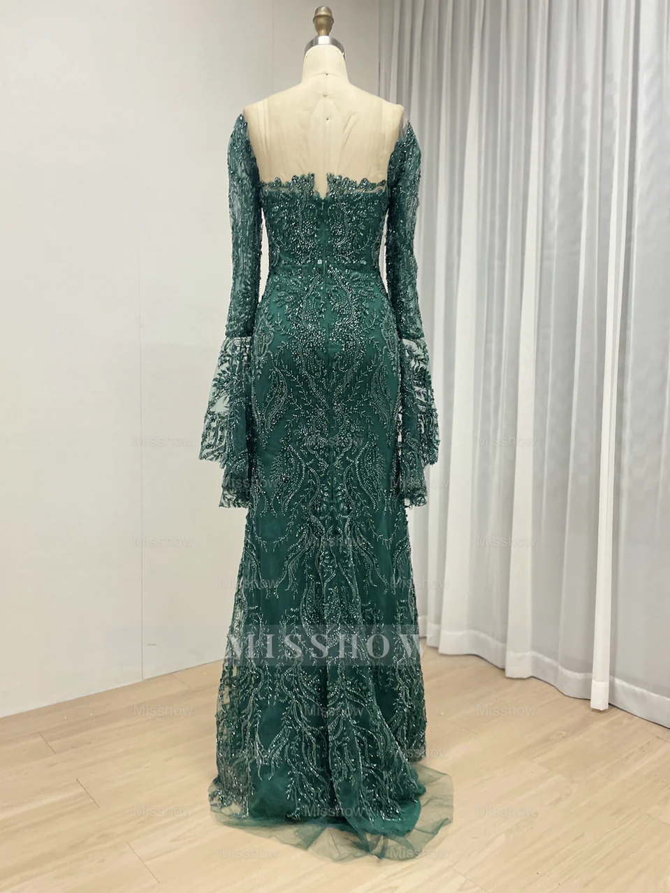 Emerald Green Long Sleeve Beaded Evening Dress with Dramatic Overskirt misshow.com Emerald Green Long Sleeve Beaded Evening Dress with Dramatic Overskirt misshow.com