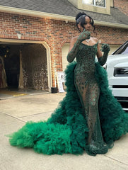 Emerald Green Mermaid Prom Dress Strapless Off Shoulder Sweetheart Sheer Illusion Crystal Rhinestone Botanical Vine Beaded Barely There Voluminous Tulle Ruffle Overskirt Cathedral Train with Gloves