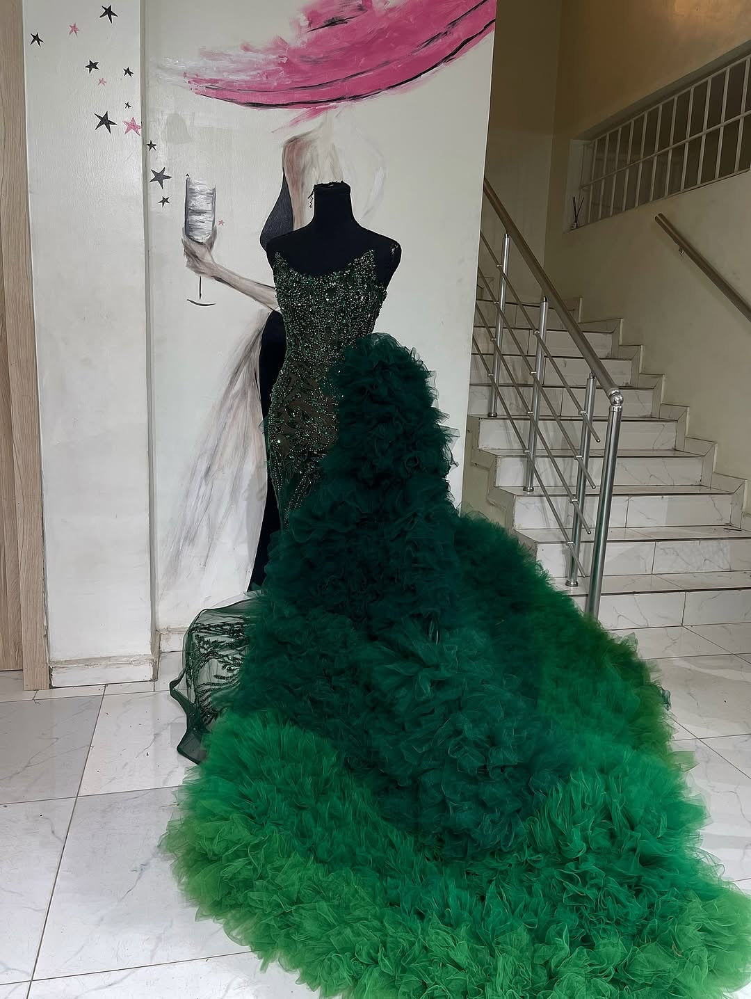 Emerald Green Mermaid Prom Dress Strapless Off Shoulder Sweetheart Sheer Illusion Crystal Rhinestone Botanical Vine Beaded Barely There Voluminous Tulle Ruffle Overskirt Cathedral Train with Gloves