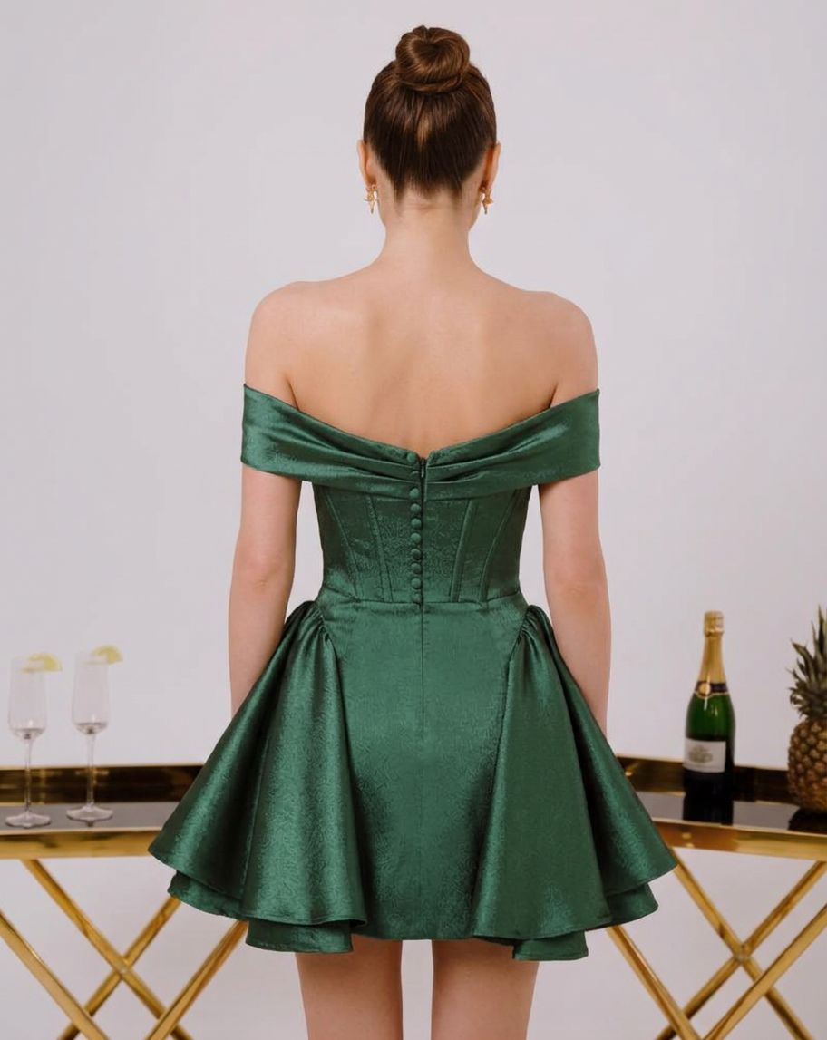 Emerald Green Off-Shoulder A-Line Mini Cocktail Dress Satin Corset Tiered Skirt
