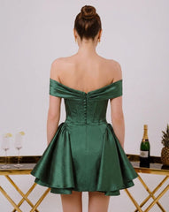 Emerald Green Off-Shoulder A-Line Mini Cocktail Dress Satin Corset Tiered Skirt